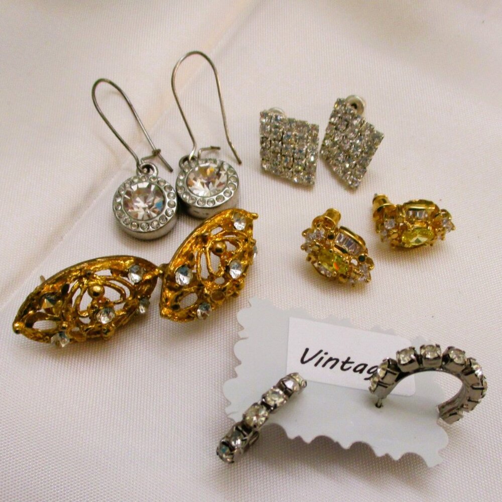 VINTAGE 5 Pair Rhinestone Pierced Earrings Lot ~ Mixed Styles Pierced Earrings